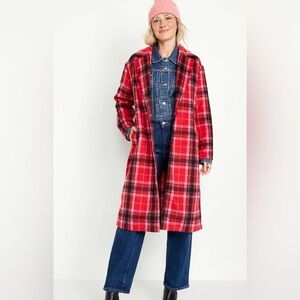 Soft-Brushed Red Plaid Overcoat for Women